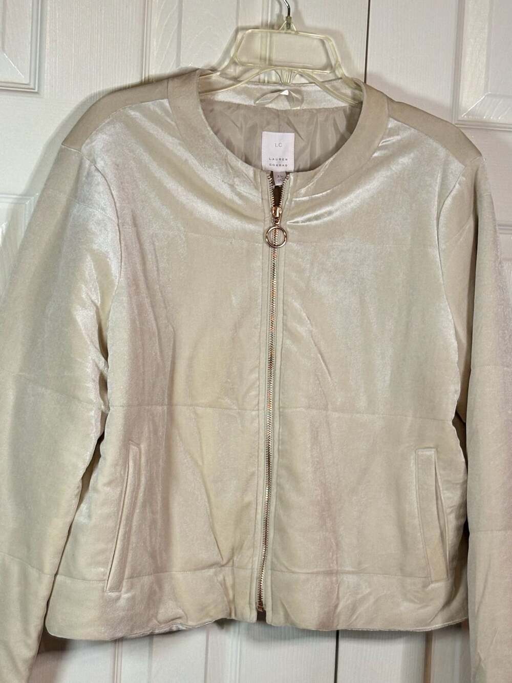 LC Lauren Conrad Women's Zip-Up Velvet Bomber Jacket Almost Yellow Size XL - Picture 7 of 8